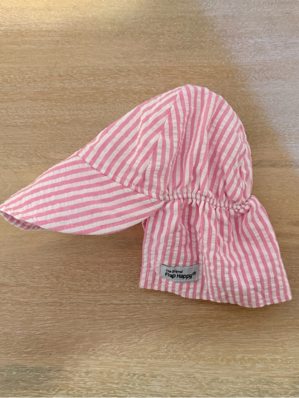 NWOT The Original Flap Happy Flap Hat UPF 50+ Pink Stripe Seersucker